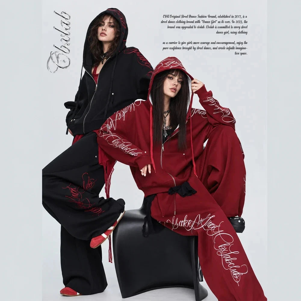Gothic Script Oversized Zip-Up Hoodie & Wide-Leg Sweatpants Set