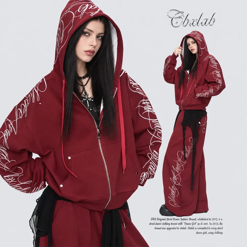 Gothic Script Oversized Zip-Up Hoodie & Wide-Leg Sweatpants Set
