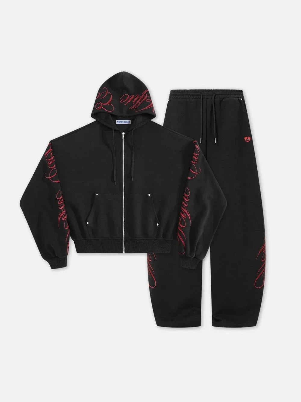 Gothic Script Oversized Zip-Up Hoodie & Wide-Leg Sweatpants Set