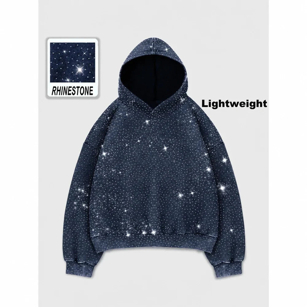 Rhinestone Glitter Unisex Oversized Hoodie – Sparkly Long Sleeve Hooded Sweatshirt