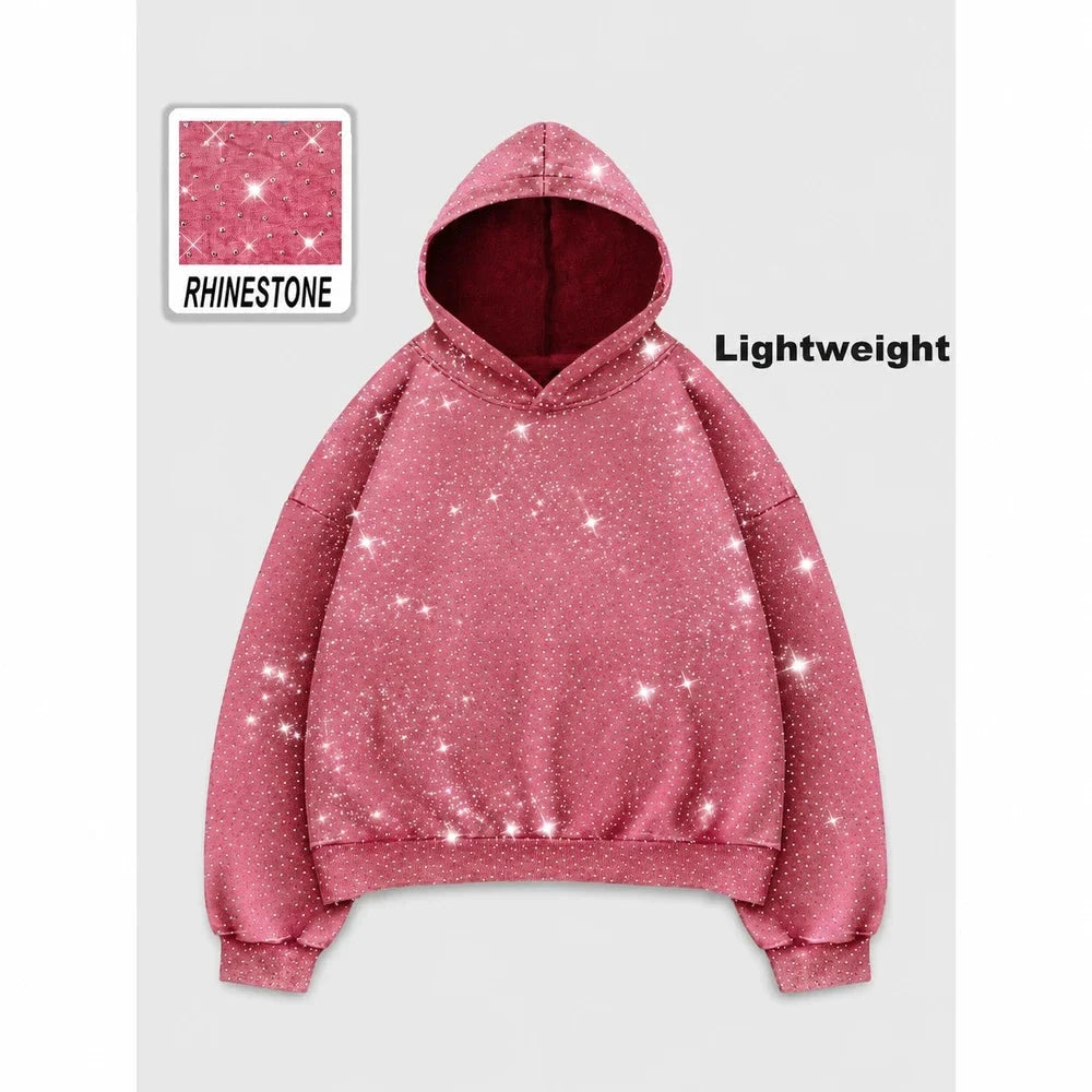 Rhinestone Glitter Unisex Oversized Hoodie – Sparkly Long Sleeve Hooded Sweatshirt