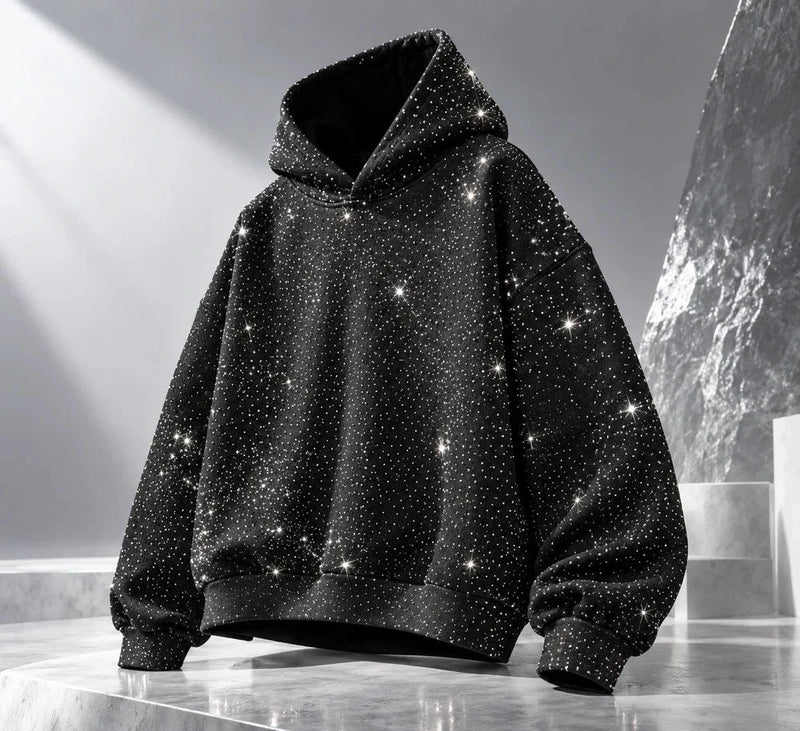 Rhinestone Glitter Unisex Oversized Hoodie – Sparkly Long Sleeve Hooded Sweatshirt